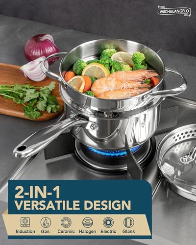 18 10 Stainless Steel Saucepan Set with Steamer (1+2QT)