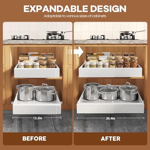 2 Pack Expandable Pull Out Cabinet Organizer 16.5"Deep with Raising Pad for Framed Cabinets (White / 16.5"D x 12.2"-20.4"W(2Pack))
