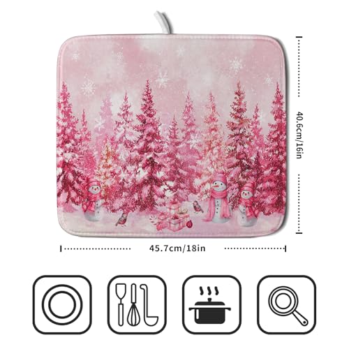 Pink Winter Dish Drying Mat Forest Washable Drying Matt Kitchen Counter Absorbent Coffee Mat for Women (Winter Forest Pink / 18" x 16")