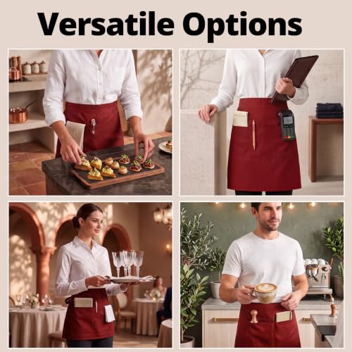 Server Waist Aprons 12 Pack Short 3 Pockets Men Women Red (24x12 Inches (Pack of 12) / Red)