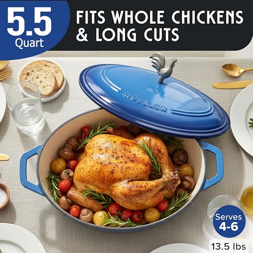 MUELLER HOME 5.5 Quart Enameled Cast Iron Oval Dutch Oven w Rooster Knob & Cotton Potholders (5.5 Quart -Oval / Aqua Blue)