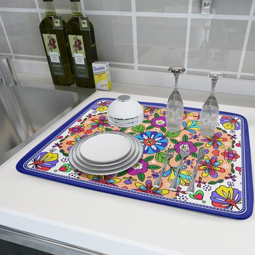 Mexican Talavera Dish Drying Mat Navy Blue Large Microfiber Dish Drain Pad for Kitchen Decor 18 x 24 In (Mexican Talavera Blue / 24" x 18")