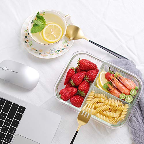 8 Pack 36oz Borosilicate Glass Meal Prep Containers 3 Compartment with Lids (Deep White)