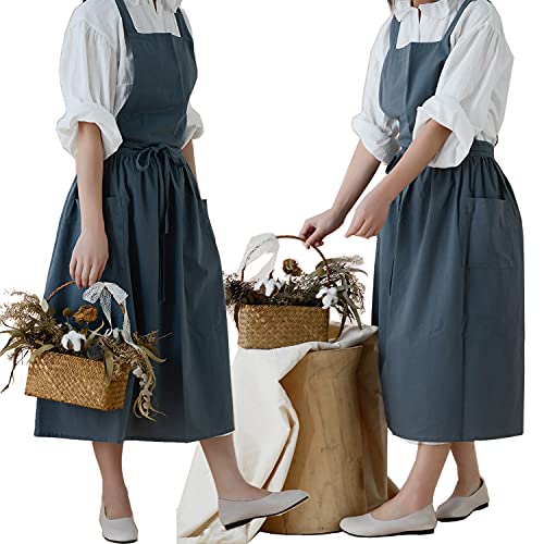 Women Cotton Linen Cross Back Apron for Gardening Works Pinafore Dress with Pockets Navy (Navy)