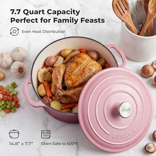 7.7 Quart Enameled Cast Iron Dutch Oven Pot with Lid (Pink / 7.7 Quart)