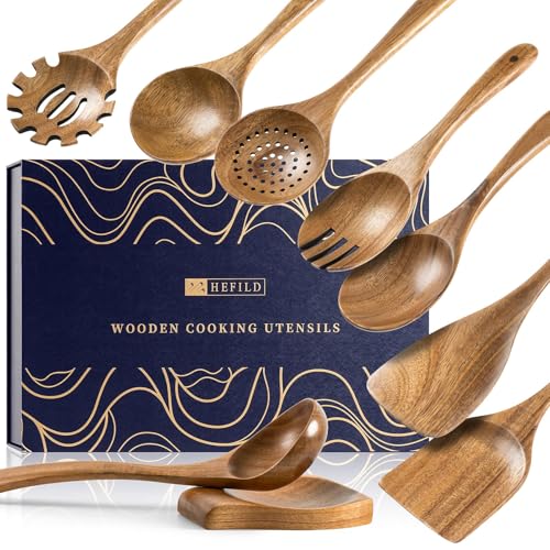 Wooden Spoons for Cooking (9 Gift Box/Natural Brown / 10.5-13.5" set+ 5.3" spoon rest+ Gift Box)