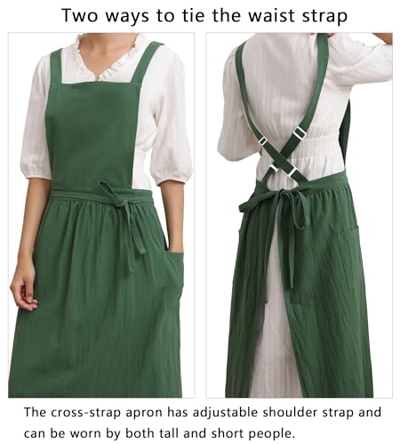 Cotton Linen Pinafore Apron Dress for Women with Pockets Chef Aprons Cross Back Apron for Kitchen Baking Painting (Green)