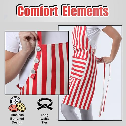 Kitchen Apron Cotton Waterdrop Resistant Adjustable Button Women Men (Red)
