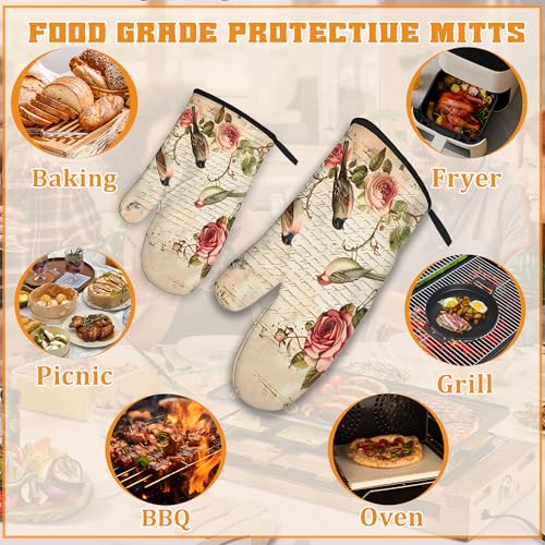 Vintage Bird Oven Mitts and Pot Holders (Vintage Bird Pink Rose Flower)