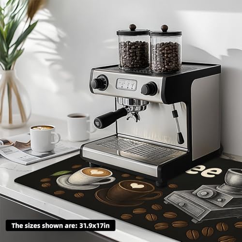 Dish Drying Mat Large Coffee Mat Absorbent Drying Mat for Kitchen Counter Coffee Bar Accessories 32"x 17" (Coffee Grinder)