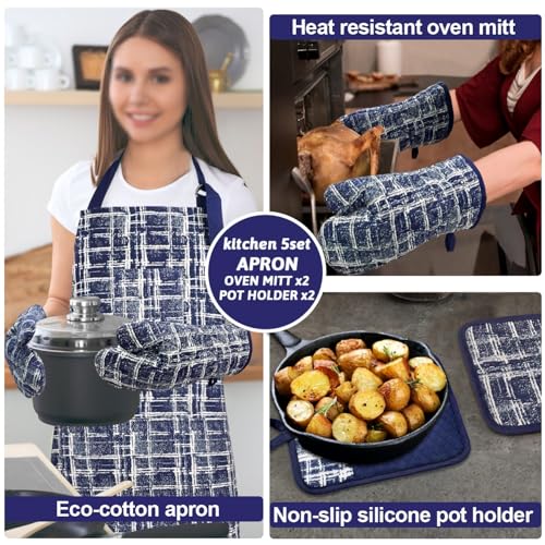 Oven Mitts and Pot Holders with Chef Apron (Navy)