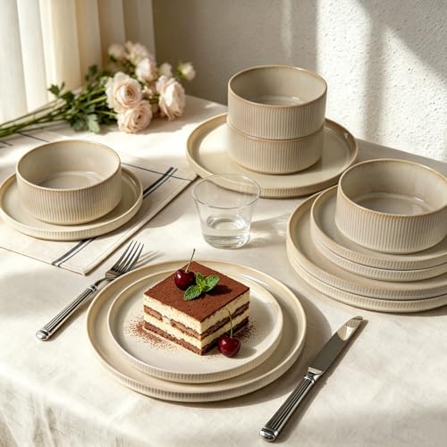 Stoneware Dinnerware Sets for 4 (Beige / 4-Set(12pcs))