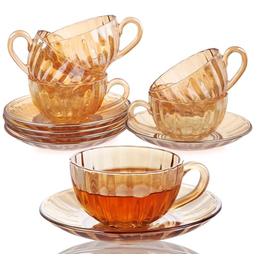 Glass Tea Cups and Saucers Set of 6 (Amber-6 Pack)
