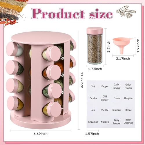 Pink Rotating Spice Rack with 16 Empty Jars and Labels (Pink)