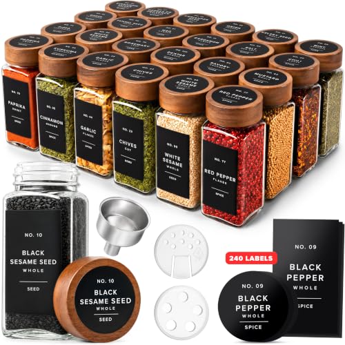 Glass Spice Jars with Label (Acacia Lid + Black Labels)