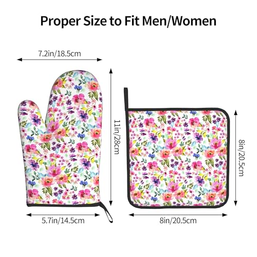 Floral Oven Mitts and Pot Holders Sets Spring Summer Kitchen Mitts Colorful Blossom Potholders 2PCS Wildflower Oven Gloves Hot Pads for Kitchen Baking Cooking (Multicolor Spring Summer Flowers)