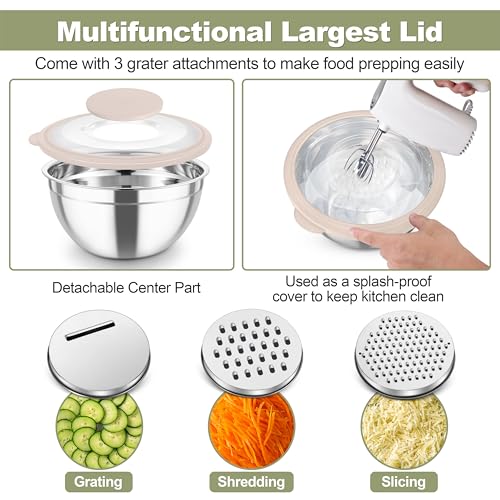 Mixing Bowls Stainless Steel Salad Serving Bowl with Clear Lids (Khaki)