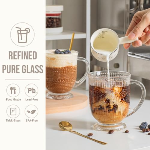 16oz Glass Coffee Mugs with Handle and Spoon Set of 6 Vintage Mug (Hobnail+Floral)