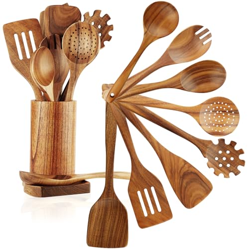Wooden Spoons for Cooking (Cooking Utensil Set with Holder - 10 Piece)