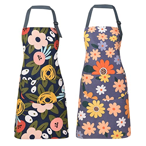 2 Pack Floral Apron for Women with Pockets (Blue/Flowers)