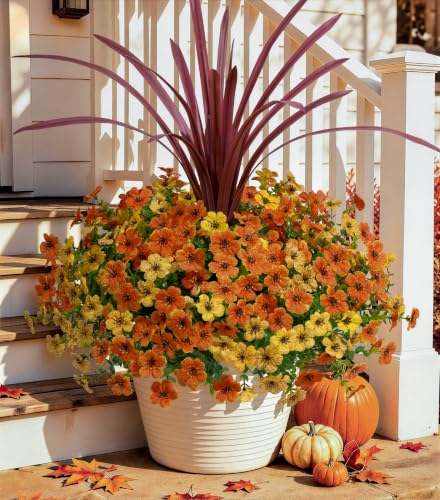 Artificial Fall Flowers Faux Mums for Outdoor Indoor Garden Home Decoration (Orangeyellow)