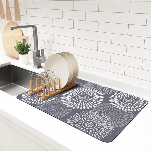Dish Drying Mat Absorbent Kitchen Counter Mat Rubber Backing Draining Mat (Gray / 16" x 24")