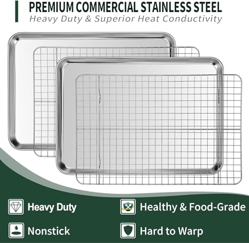 Half Sheet Pans with Rack Set [2 Pans + 2 Racks] (18*12*1Inch)