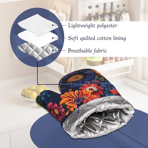 Colourful Flowers Potholders & Oven Mitts Sets Spring Floral Silicone Heat Resistant Oven Mits and Hot Pads Non (Colourful Flowers,spring Floral)