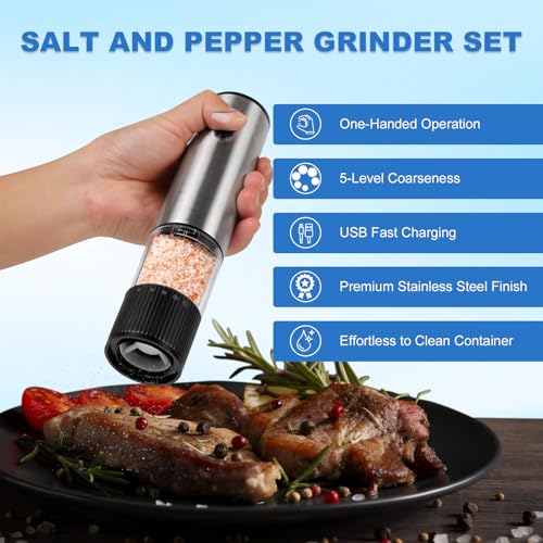 Electric Salt and Pepper Grinder Set Rechargeable (Silver)