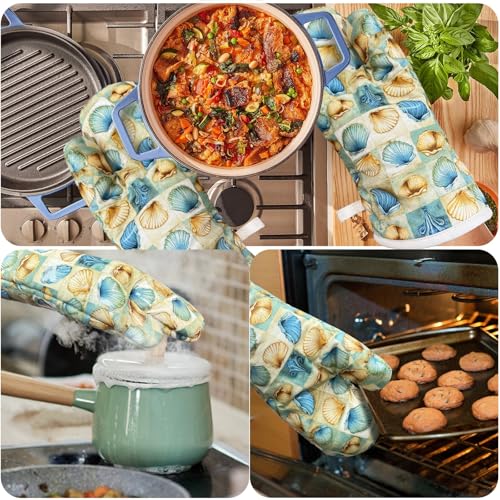 Oven Mitts Gloves 1 Pair Heat Resistant 480 ℉ Non Slip Clear Silicone Printed Shell Comfortable Cotton Lining Kitchen Men Cooking Barbecue Machine Washable (Shell, Beige Mitts)