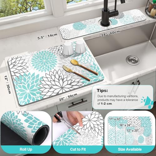 2PCS 12" x 20" Dish Drying Mat & 24" x 5.5" Sink Splash Guard (Teal / 12" X 20" + 24" X 5.5")