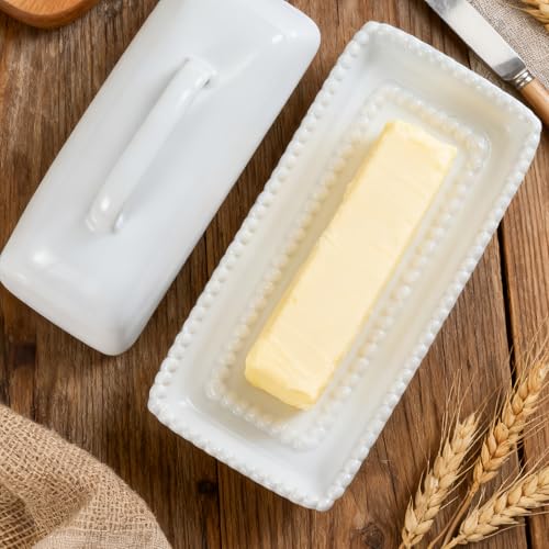 White Ceramic Butter Dish with Lid (White-Pearl)