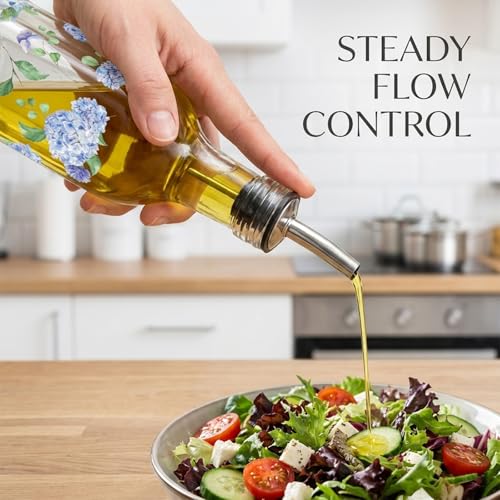 17 Oz Blue Hydrangea Olive Oil Dispenser Bottle Glass Cruet Bottle with Spout Floral Cooking Vinegar Container for Spring Summer Home Kitchen Table Countertop Decor