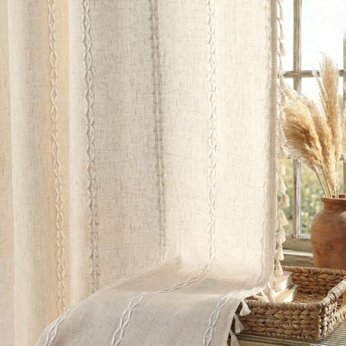 Boho Light Filtering Curtains 84 Inch 2 Panels with Tassels (Light Beige / 52"W x 84"L (Pack of 2))