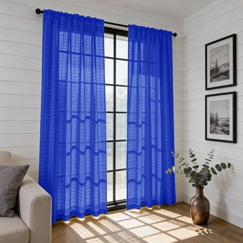 Check Sheer Curtains 108 Inches Long for Living Room (Check - Sapphire / 52"W x 108"L (Pack of 2))