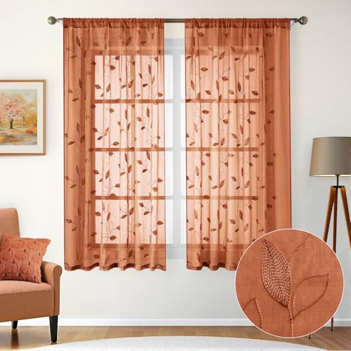 Fall Burnt Orange Sheer Curtains Floral Leaf Embroidered (52"W x 63"L (Pack of 2) / Burnt Orange)