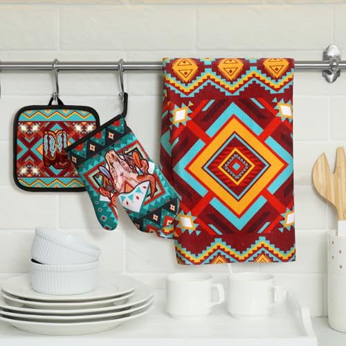 6 Pcs Kitchen Decor Set Accessorie Farmhouse Kitchen Towels Pot Holders Oven Mitts Set 2 Dish Towels 2 Pot Holders 2 Cooking Mittens Oven Glove for Cooking (Retro Color / Western Boho Aztec))