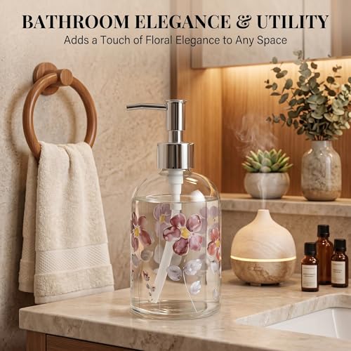 17oz Glass Soap Dispenser with Pump (Purple Flower)