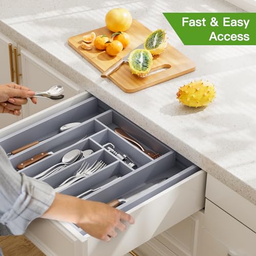 Bamboo Expandable Silverware Drawer Organizer (Grey / Medium)