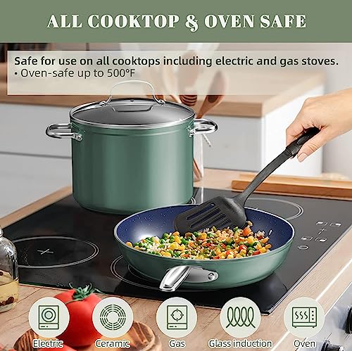 7pc Cookware Set Healthy Duralon Blue Ceramic Nonstick Coated (7 Piece Cookware Set / Rosemary Green)