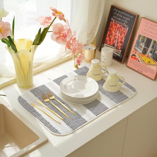 Boho Black Dish Drying Mat 18 x 24 inch Modern Geometry Polka Dot Striped Decorative Drying Mats Microfiber Absorbent Dish Washable Draining Mat for Kitchen Counter Decor (18" x 18" / Black Striped)
