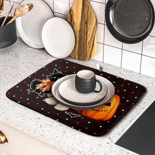 16"x18" Halloween Dish Drying Mat Spooky Pumpkin Ghost Black Cat Bats Kitchen Drainer Mats Holiday Gothic Reversible Microfiber Dish Drying Pad Small Size for Countertop Tabletop Decor (18" x 16")