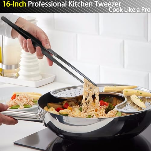 2 Pcs 16 Inch Kitchen Tweezers Tongs with Precision Serrated Tips (16+16inch / Black)