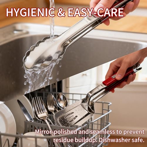 304 stainless steel kitchen spatula tongs set for cooking (Red)
