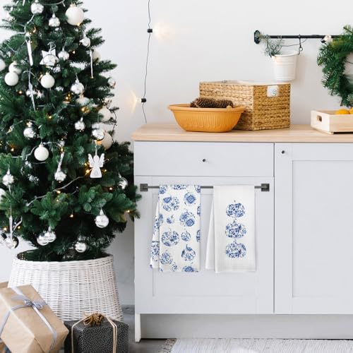 Blue and White Pumpkin Fall Decor Kitchen Towels and Dishcloths Set of 2 (White Pumpkins)