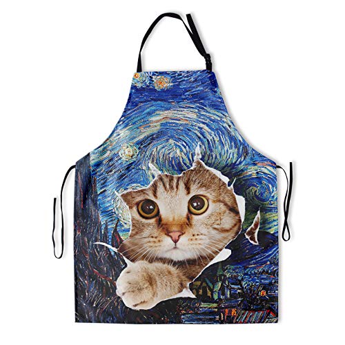 Cute Cat Apron with Adjustable Neck (33" x 28"(Pack of 1) / Art Sky Cat)