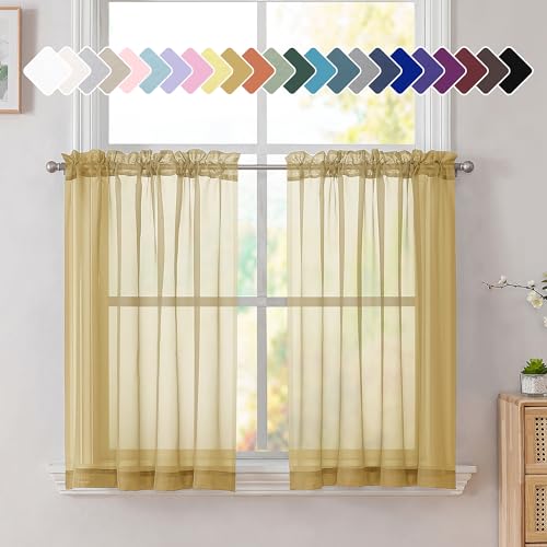 Gold Short Sheer Kitchen Cafe Curtains 36 x 36 Inch (Gold / 42"W x 36"L (Pack of 2))