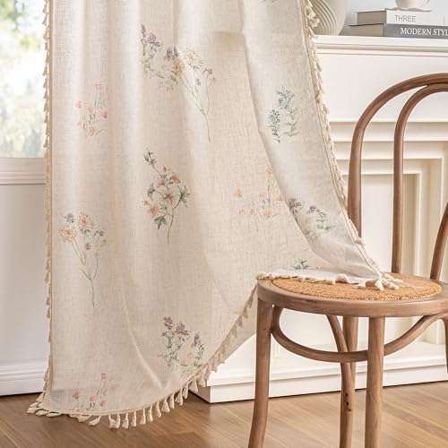 Floral Boho Farmhouse Curtains 84 Inches Long Linen Blend Spring Light Filtering Living (Flower / 50"W x 84"L (Pack of 2))