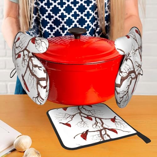 Winter Cardinal Birds Oven Mitts and Pot Holders Sets of 3 Hot Pads (Birds Cardinal)