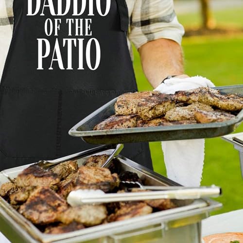 Funny Black Chef Aprons for Men Adjustable BBQ Kitchen Cooking Apron (Daddio of the Patio)